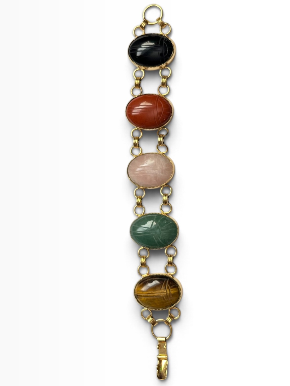 Vintage Multicolor Rainbow Scarab Carved Stone Bracelet Gold Tone